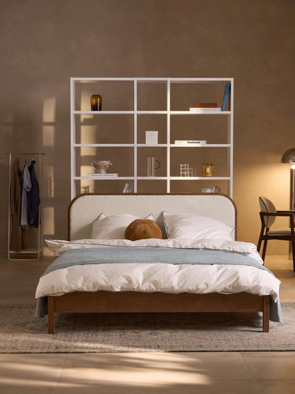 Jonseld Wooden Bed with Bouclé Headboard