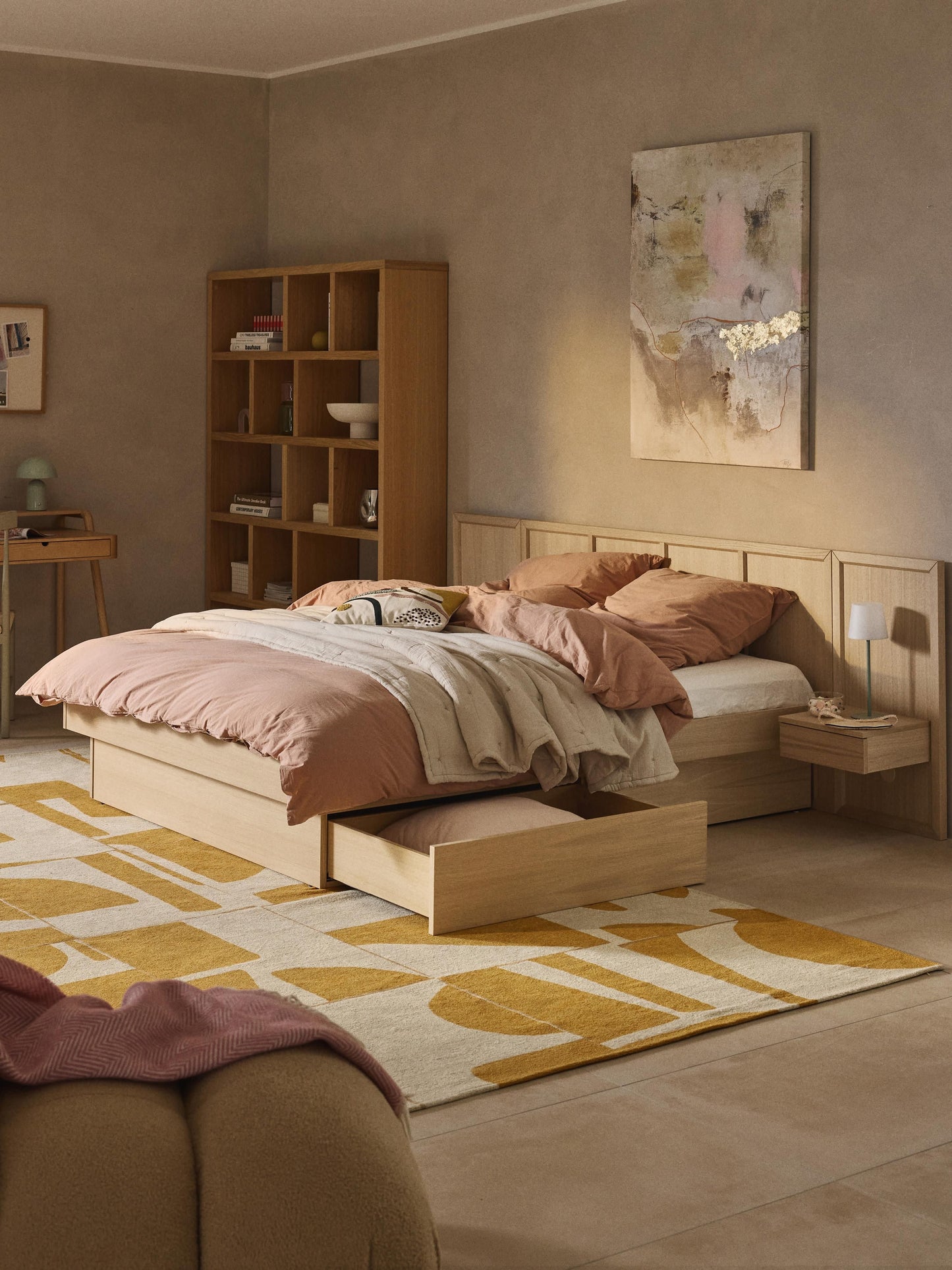 Nanquil Wooden Bed with Headboard and Bedside Tables