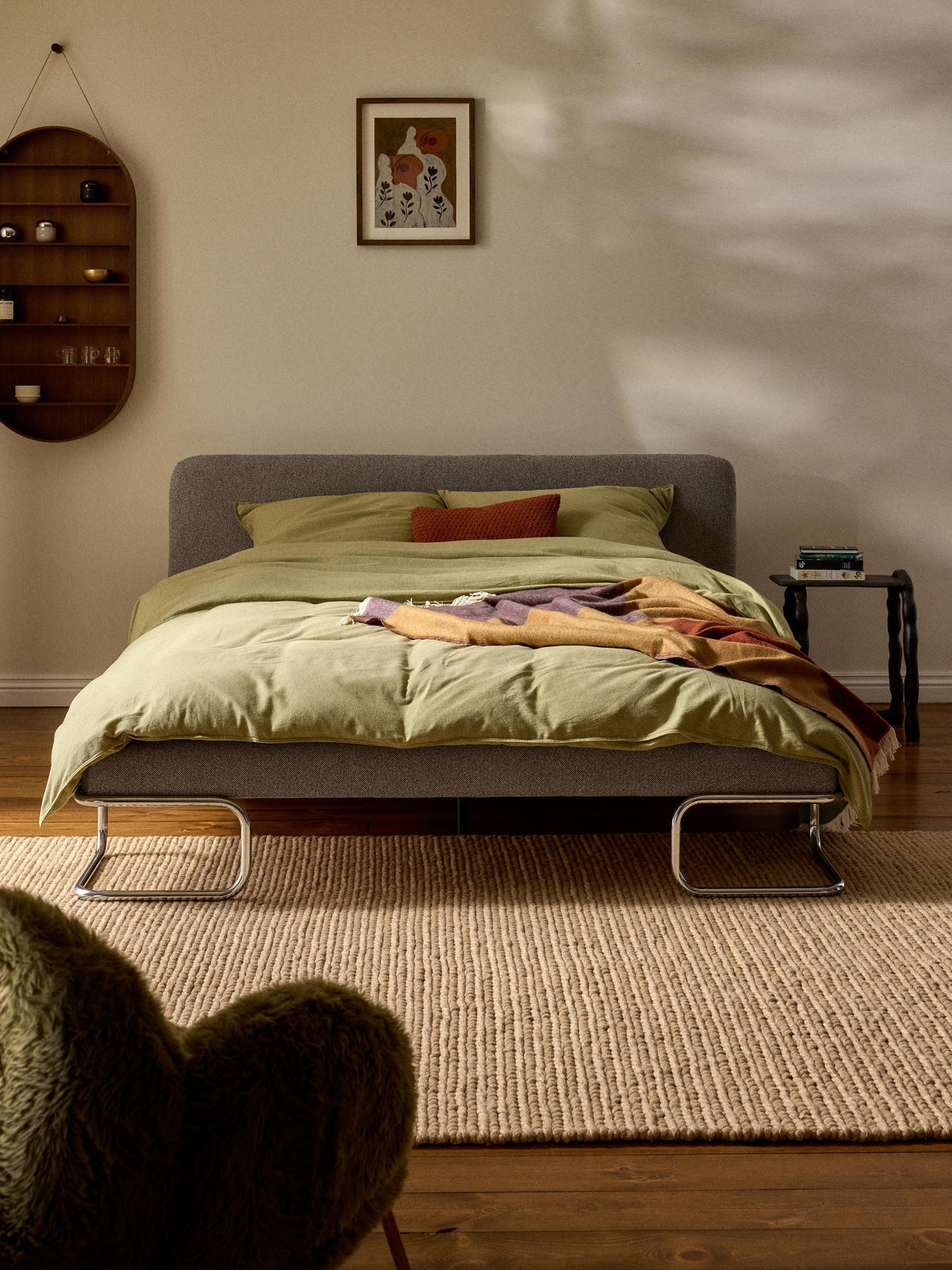 Olmeno Upholstered Bed in Bouclé with Metal Legs