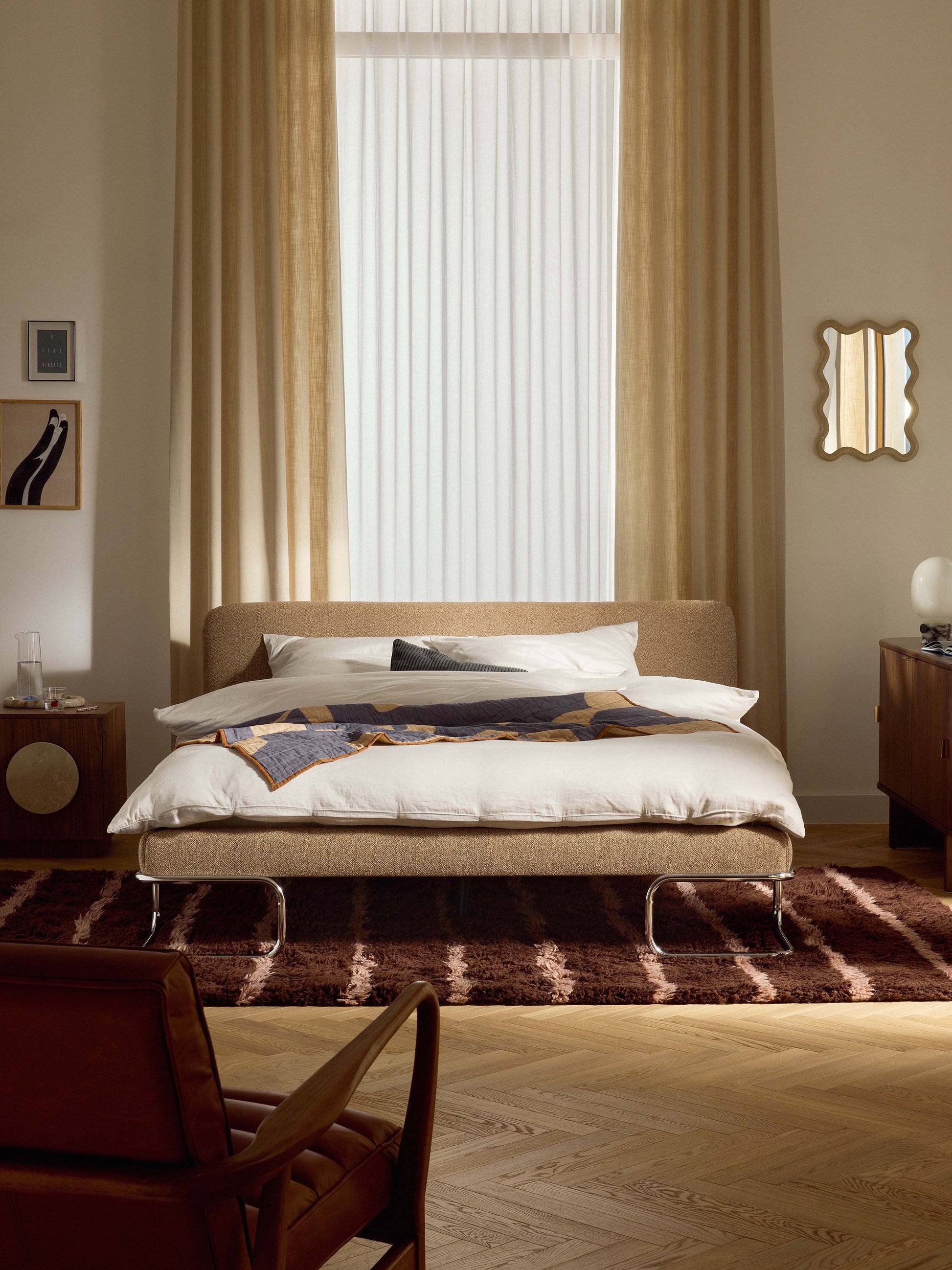Olmeno Upholstered Bed in Bouclé with Metal Legs