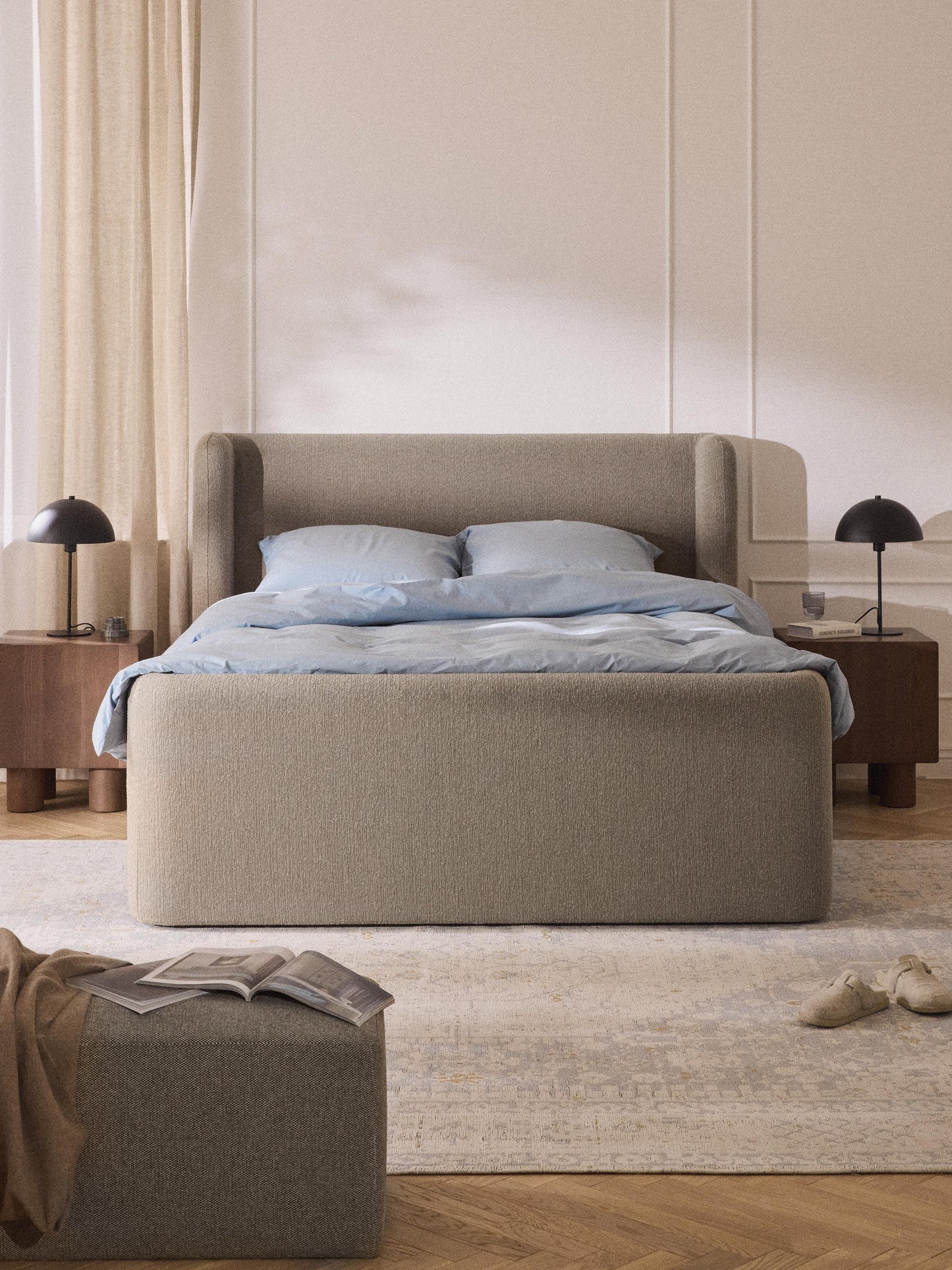 Perwell Box Spring Bed with Storage, Bouclé