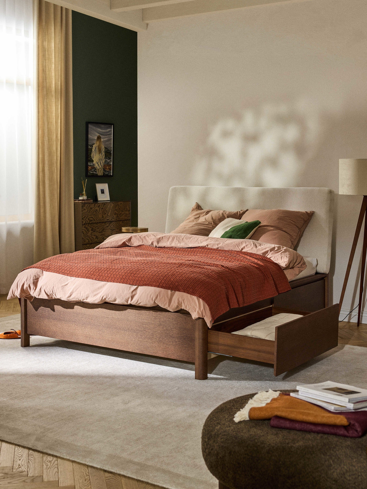 Santquil Wooden Bed with Drawers and Upholstered Headboard